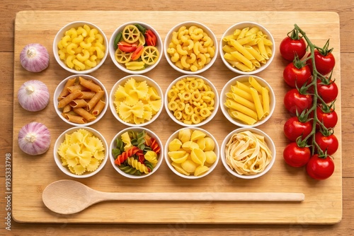 Wallpaper Mural Verschiedene italienische Pasta-Sorten in kleinen Schalen mit Tomaten und Zutaten auf rustikalem Holztisch. Torontodigital.ca