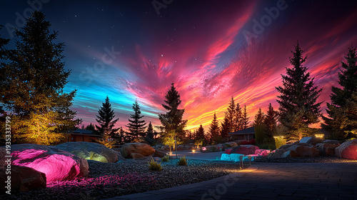 Wallpaper Mural Vibrant Twilight Sky Over Illuminated Pines and Landscaping Torontodigital.ca