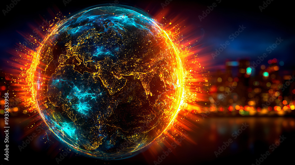 custom made wallpaper toronto digitalVibrant Glowing Earth with City Lights at Night, Technology Concept