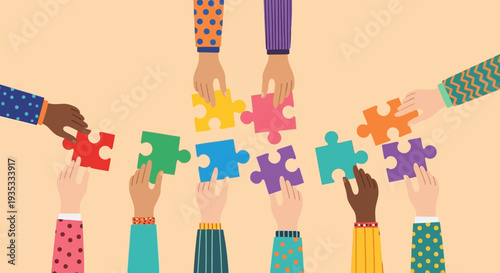 Diverse hands holding puzzle pieces together in unity and collaboration.