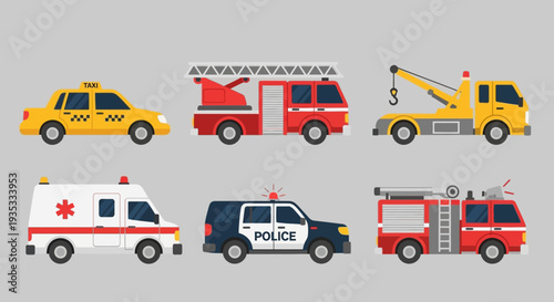 Emergency Vehicles Set Including Ambulance Fire Truck Police Car.
