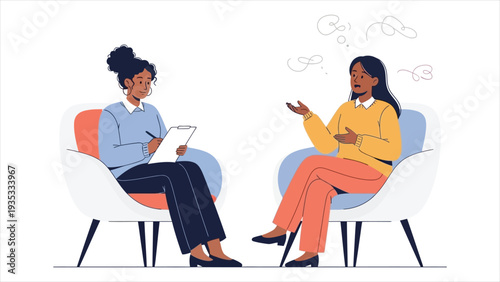 Vector Illustration of a Diverse Female Psychotherapy Session Concept for Mental Health Support, Individual Counseling, Emotional Wellness, and Professional Therapy Conversation