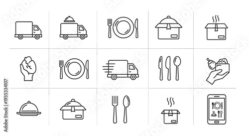 Collection of Simple Line Icons Representing Food Delivery and Service.