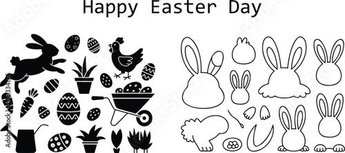 A compilation of black silhouette Easter icons and white outline bunny heads with ears