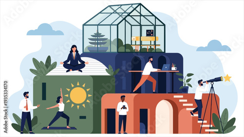 Flat Vector Illustration of a Holistic Workplace Wellness Program Concept for Employee Mental Health, Physical Fitness, Professional Development, and Work-Life Balance