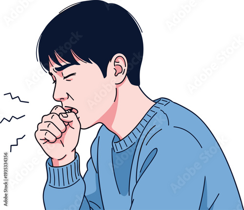 Man coughing into hand, respiratory illness symptom illustration for healthcare awareness and cold flu prevention concept