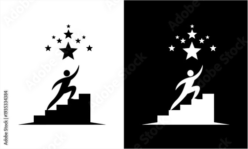 Man climbing stairs reaching for stars, symbolizing ambition and success.