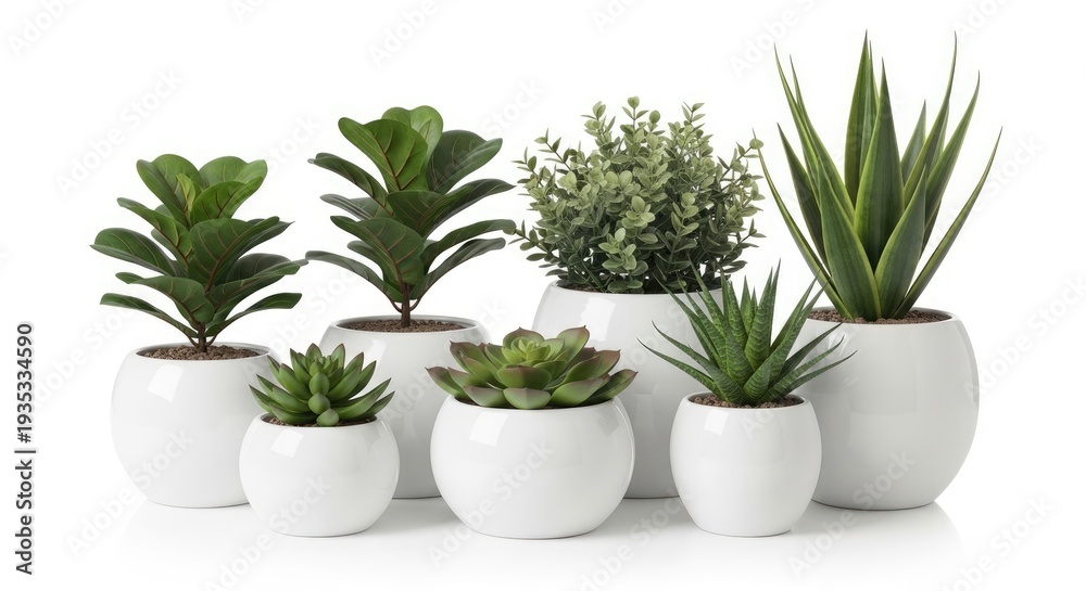 Fototapeta premium A collection of artificial plants sits on a white surface. The plants are arranged in a row, each in a glossy white ceramic pot.