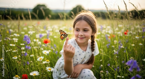 A young girl with braided hair gently holds a colorful butterfly in her hand while sitting in a wildflower meadow. She smiles joyfully at the camera, her eyes sparkling with delight.