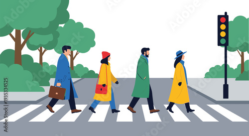 Pedestrians crossing street at crosswalk with traffic light, urban city lifestyle and road safety illustration design