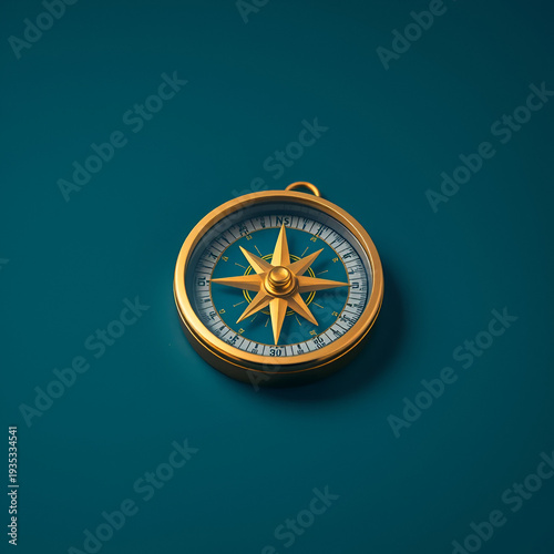 Photo of a gold compass isolated against a dark teal background with starry night elements, copy space. Travel and navigation concept.