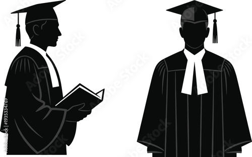 Black silhouette of graduate or lawyer in academic gown and cap holding book isolated on white background for graduation education