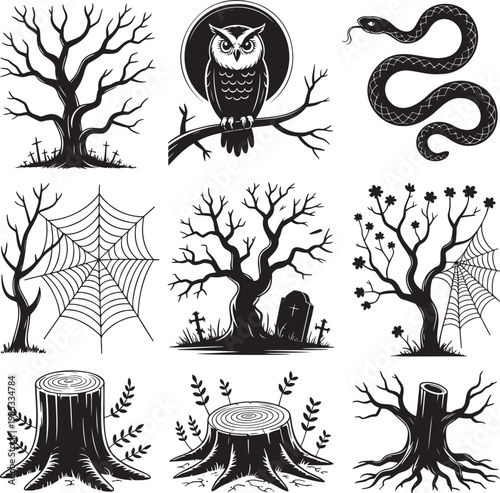 A spooky collection of black silhouette dead trees, an owl, a snake and spiderwebs for Halloween