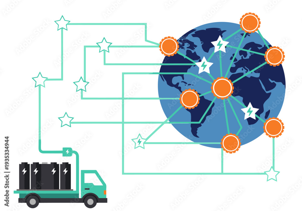Fototapeta premium A global sustainable battery supply chain illustration connects production to consumers, highlighting a circular economy. Modern, bright, and visually engaging.