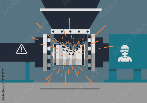 A dynamic illustration depicts battery shredding, showcasing resource recovery.  Bold colors and warning symbols highlight safety.  Modern design for industrial concepts.