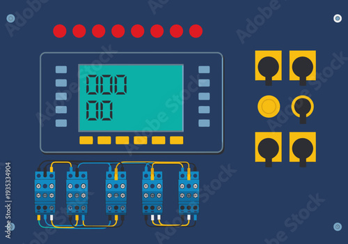 Detailed control panel display with digital readouts and electrical connections. Modern industrial design, showcasing data and functionality. Suitable for tech, engineering, and industrial themes.