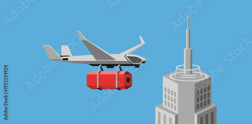 A futuristic logistics drone delivers a cargo to a skyscraper. Modern, clean design with a city backdrop. Ideal for tech, delivery, and urban concepts.
