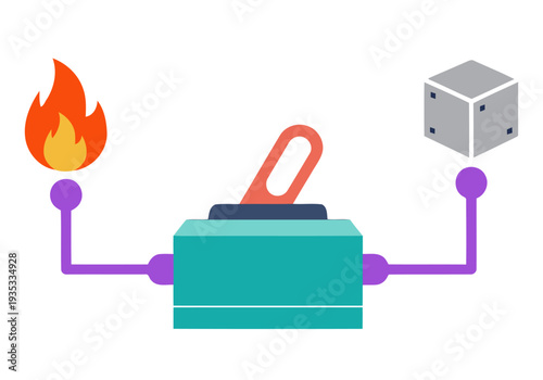 Fueling data with a metabolic switch! This graphic combines a flame, a lever, and a cube, symbolizing data transformation and power. Modern, vibrant, and visually engaging.