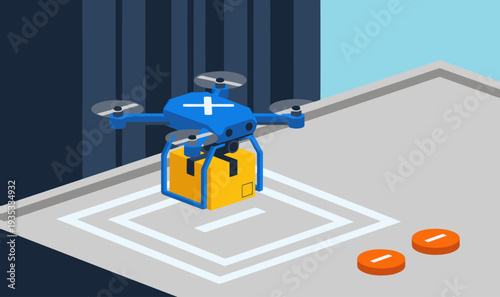 A futuristic drone delivers a package to an E-commerce arrival hub. Clean, modern design with a bright, illustrative style. Ideal for tech and logistics visuals.