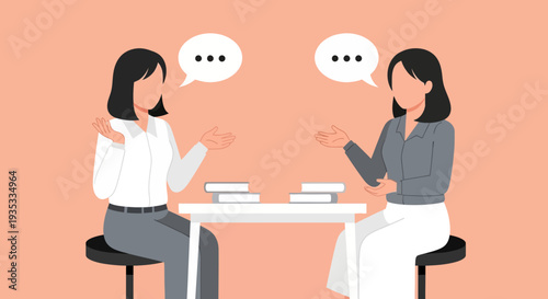 Two women having a conversation over a table with speech bubbles.
