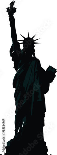 Black silhouette of the Statue of Liberty isolated on white background for New York City travel tourism and American patriotism