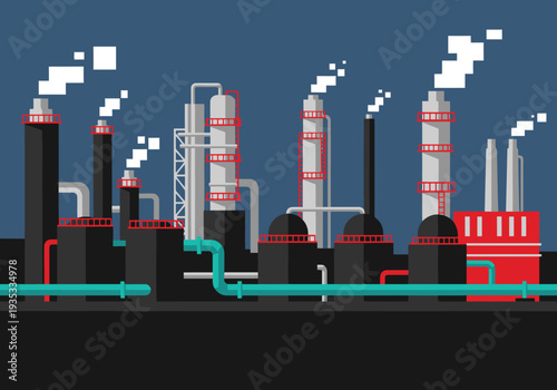 Industrial refinery plant with towering smokestacks. A stylized, graphic illustration evokes a sense of scale and industry. Modern, dark, and impactful.