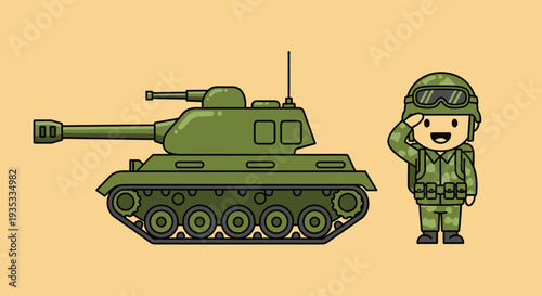 Cartoon soldier saluting next to a tank on yellow background.