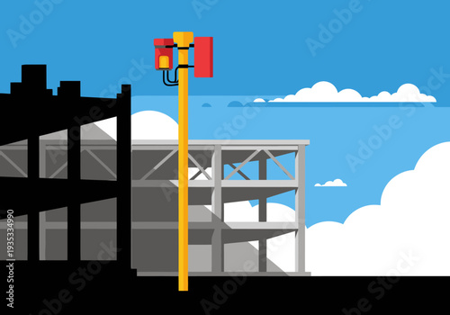 Illustration depicts site noise stress monitor atop a construction site against a blue sky Clean modern design with a focus on structural elements and alert signal