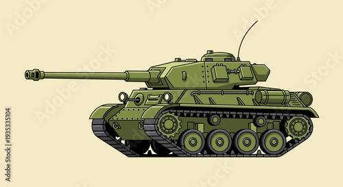 Green military tank vector illustration on beige background.