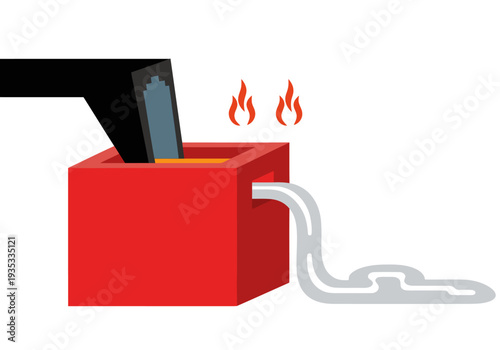 Pyrometallurgy battery smelting process visualized. Intense heat, molten metal, and a feed system create a dynamic, industrial scene. Bold colors and sharp lines highlight the process.