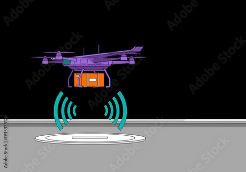 A purple drone delivers a package to a futuristic drone port. Wireless communication signals guide the delivery. Modern logistics concept.
