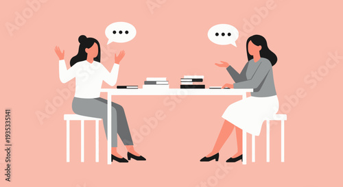 Two women engaged in conversation at a table with speech bubbles.