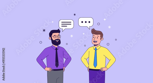 Two men communicating with speech bubbles above their heads.