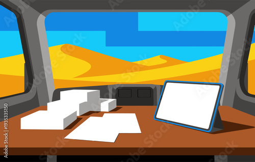 Remote van office scene: a laptop displays a desert landscape. Minimalist workspace with papers and a modern, arid setting. Ideal for remote work visuals.