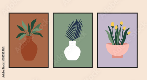 Three minimalist posters with different colored backgrounds and vases with plants.