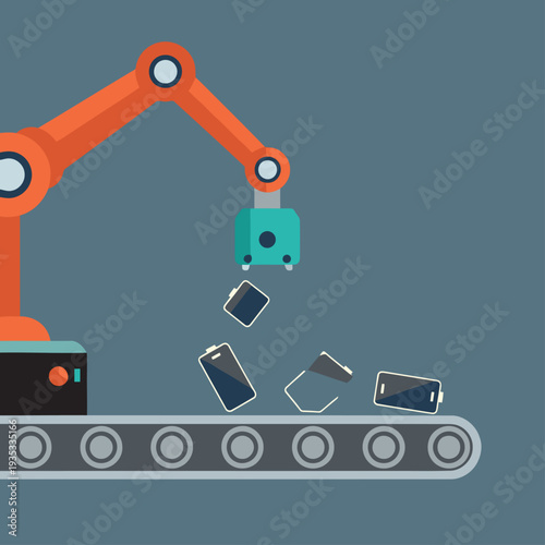 A robotic arm sorts discarded smartphone batteries on a conveyor belt. Modern, industrial design. Clean, graphic style.