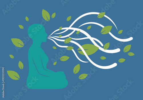 A serene figure breathes deeply, releasing digital distractions with mindful breath. A calming, nature-inspired design promotes relaxation and well-being. Modern, minimalist aesthetic.