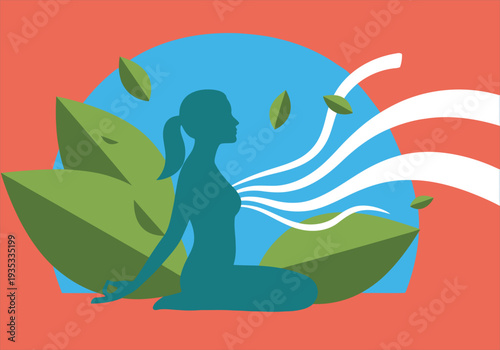 A serene woman practices mindful breathing amidst lush leaves and flowing white lines, symbolizing a digital detox. A calming, modern illustration promoting wellness.