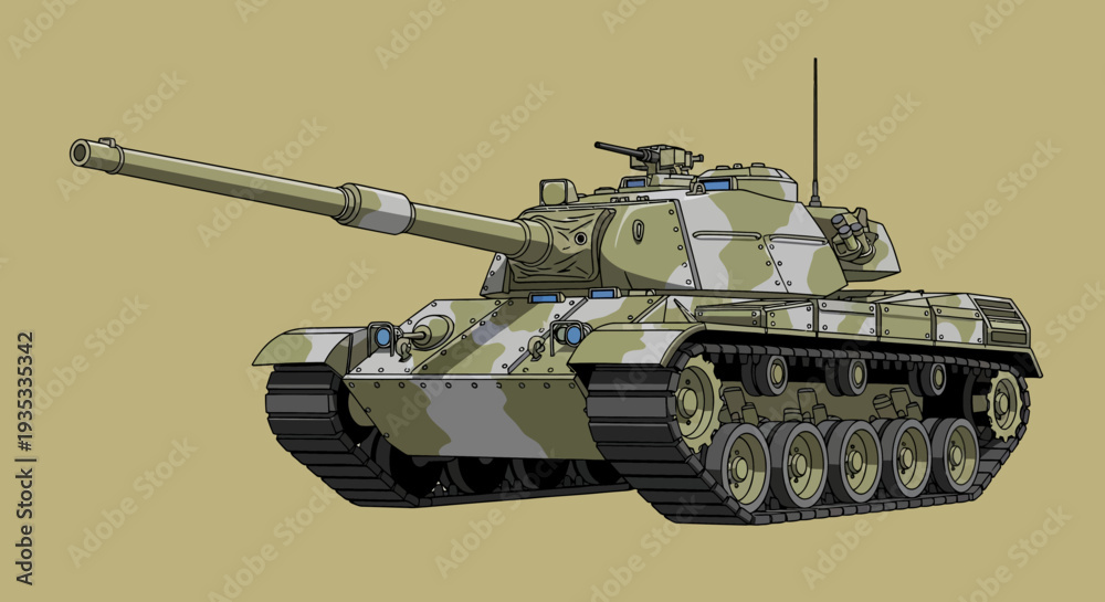 Obraz premium Military tank with camouflage pattern on a solid background.