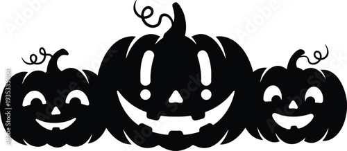 Black silhouette of three smiling jack o lantern pumpkins with cute faces and curly stems isolated on white background for Halloween