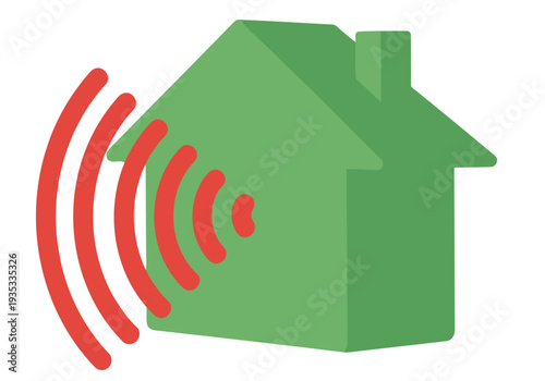 A stylized green house icon radiates sound waves, symbolizing a peaceful, quiet home environment.  Clean, modern design.  Perfect for home, relaxation, and tranquility concepts.