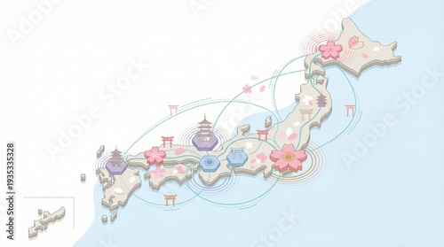 A map of Japan highlighting pilgrimage sites and seichi junrei routes adorned with sakura, influenced by pop culture, showcasing significant locations across the country.