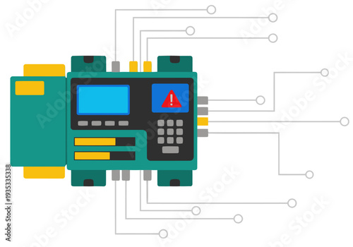 stylized digital illustration depicts a complex safety interlock device with a countdown timer Bold colors and circuit-like lines create a modern slightly ominous aesthetic