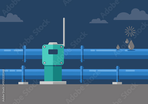 A stylized illustration depicts a pipeline acoustic sensor detecting leaks with fireworks. Modern, graphic design, dark blue background, vibrant red accents. Suitable for tech and industrial themes.