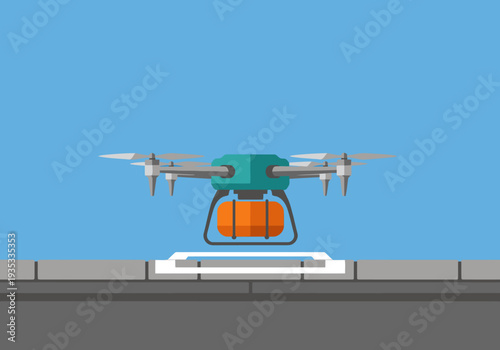 A stylized drone delivers a package from a rooftop pad. Modern, flat design illustration for delivery services and technology concepts.