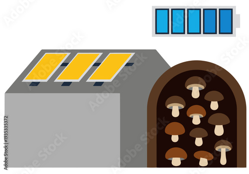 A stylized illustration depicts a solar-powered mushroom cell growing in a dark cellar, showcasing sustainable cultivation. Clean, modern design.