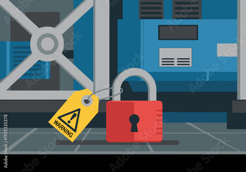 A stylized illustration depicts a server room with a padlock and lockout tag, emphasizing safety procedures. Bold colors and a clear composition create a professional visual.