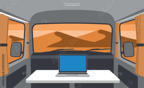 Van interior showcases a desert landscape viewed through windows. A laptop rests on a table, ideal for remote work or creative projects. Modern, minimalist design.