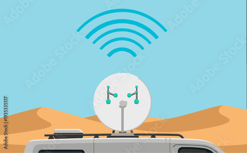 A van equipped with a Starlink satellite dish transmits data across a desert landscape. Modern, clean design highlights connectivity and remote access. Ideal for tech, travel, and outdoor themes.