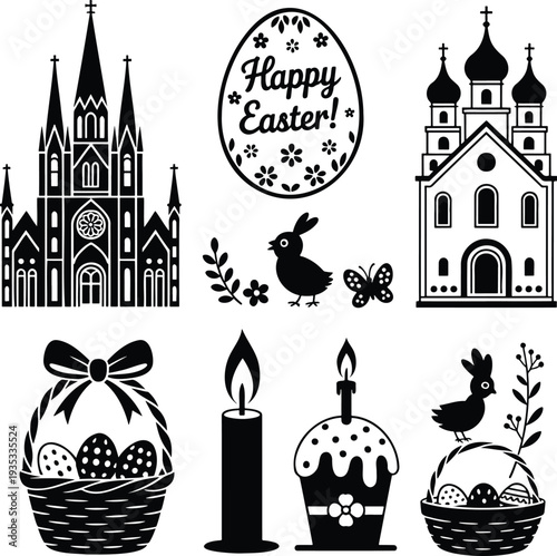 A charming collection of monochrome Easter icons featuring churches, eggs, baskets, and festive elements